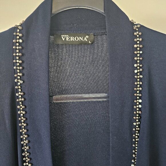 Moda VERONA Navy Stole-Like Long Sleeve Knit Sheath Overlay Dress Jacket w/Beads - Picture 2 of 7